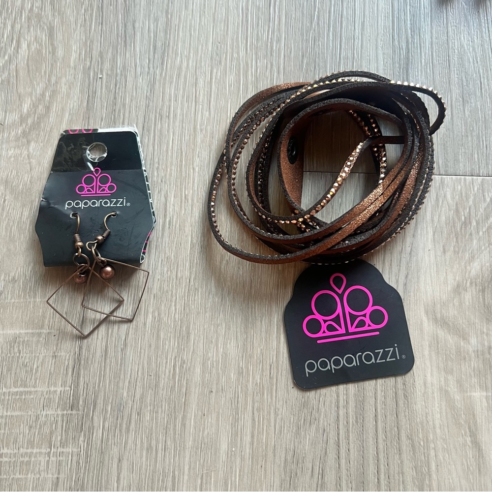Paparazzi bundle Elegant Brown and Black Wrap Bracelet and matching earrings